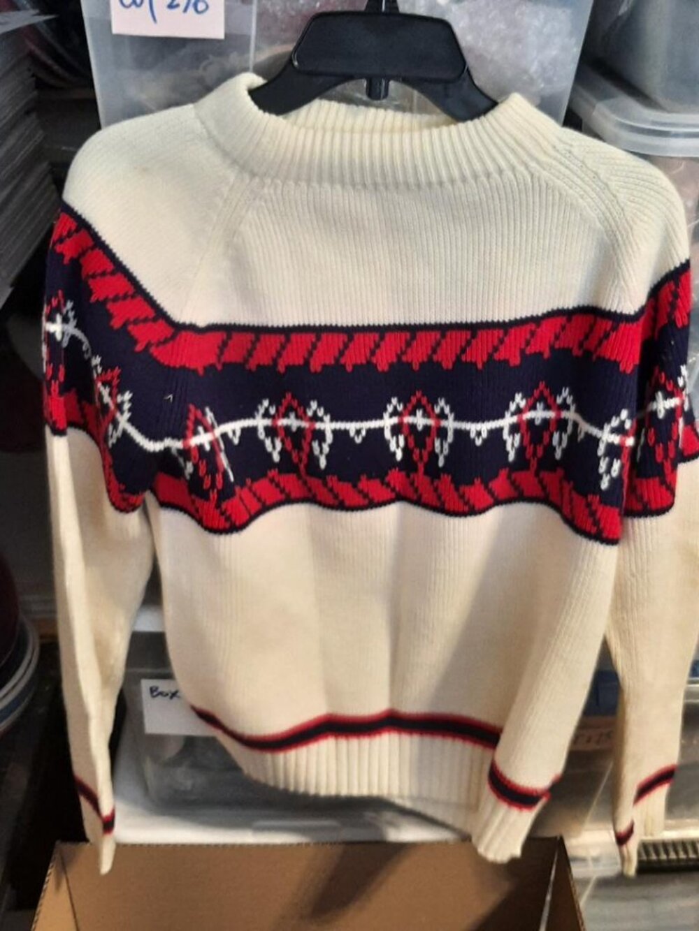 Vintage Montgomery Ward Women Nordic Ski Sweater White Striking Red Size S
